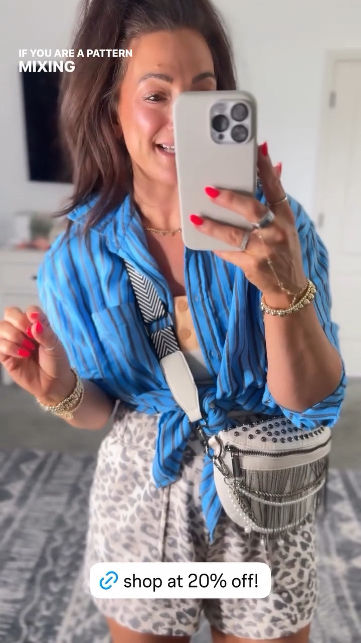 Cute spring outfit with a little pattern mixing that works! These button ups are a go to for me and I wear them all year!! Perfect layering piece for spring and a cute swim casual swim coverup for summer! 

#LTKMidsize #LTKPetite #LTKootd