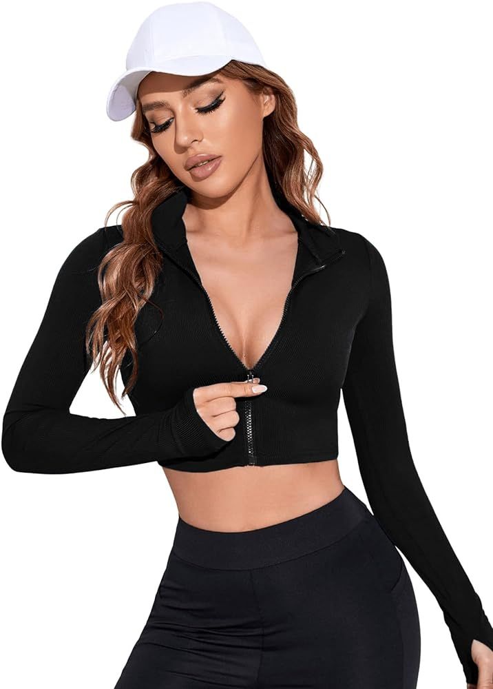 SweatyRocks Women's Long Sleeve Stand Collar Zip Up Crop Top Stretchy Sports Jacket Activewear | Amazon (US)