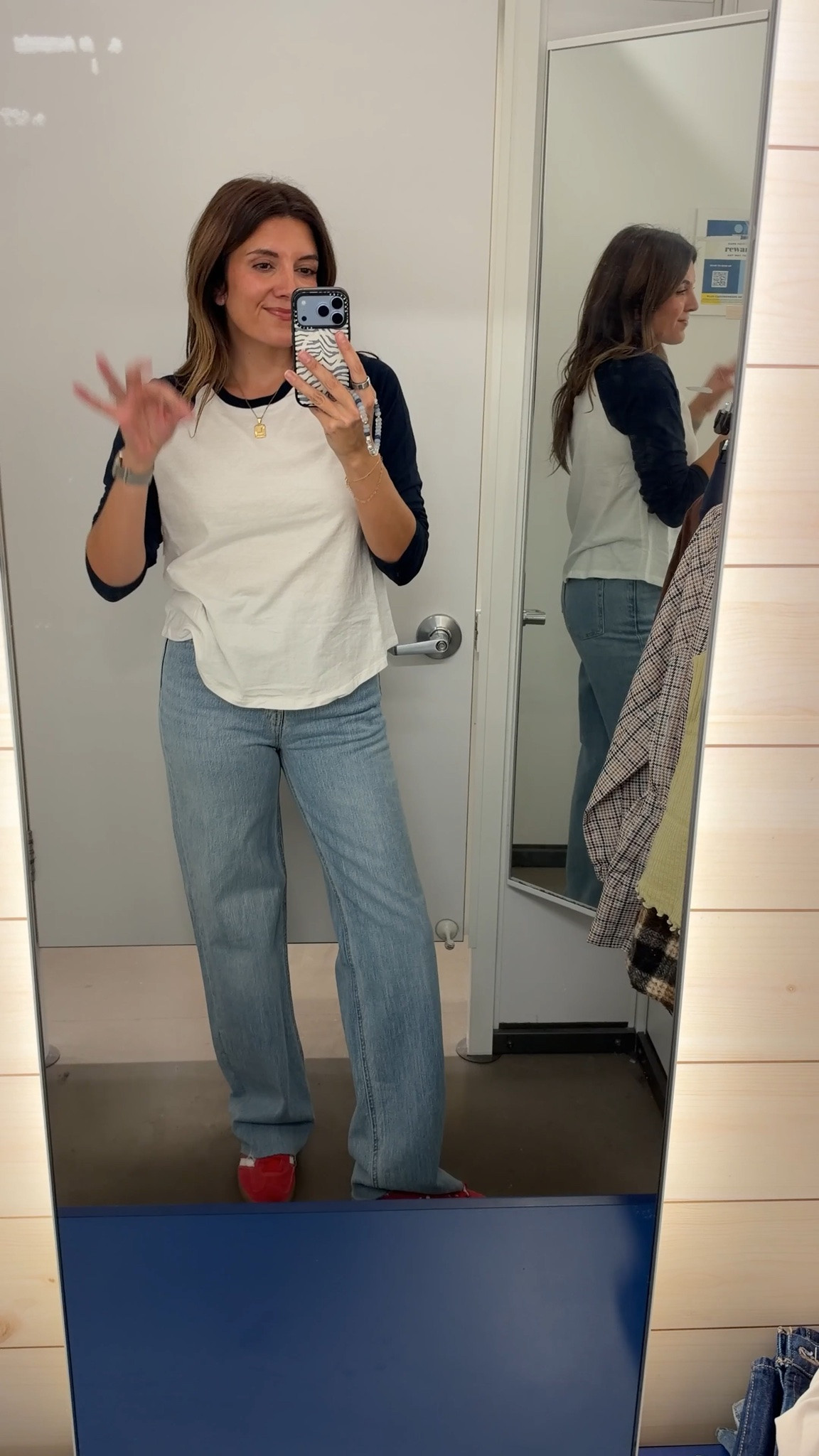 Baseball tee in a size medium but I recommend sticking with your true size. Jeans in a 2 tall length. I’m 5’7” up to 50% off.