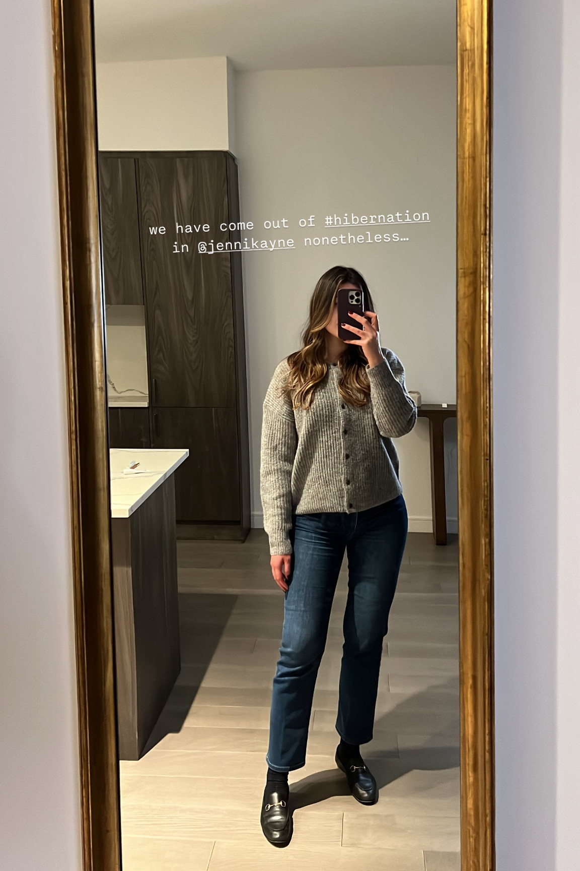 one last mirror selfie of 2024 !!! styled this sweater with these frame jeans + gucci loafers and socks - classy but cozy. ALSO PSA this sweater is on S A L E for 195! #happynewyear 

#LTKSaleAlert #LTKStyleTip #LTKSeasonal