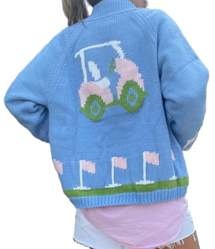 TUWIXIUW Women Graphic Cardigan Sweaters Oversized Lapel Button Down Long Sleeve Knit Cardigans Outwear Coats Jacket(Cute Blue,X-Large) | Amazon (US)