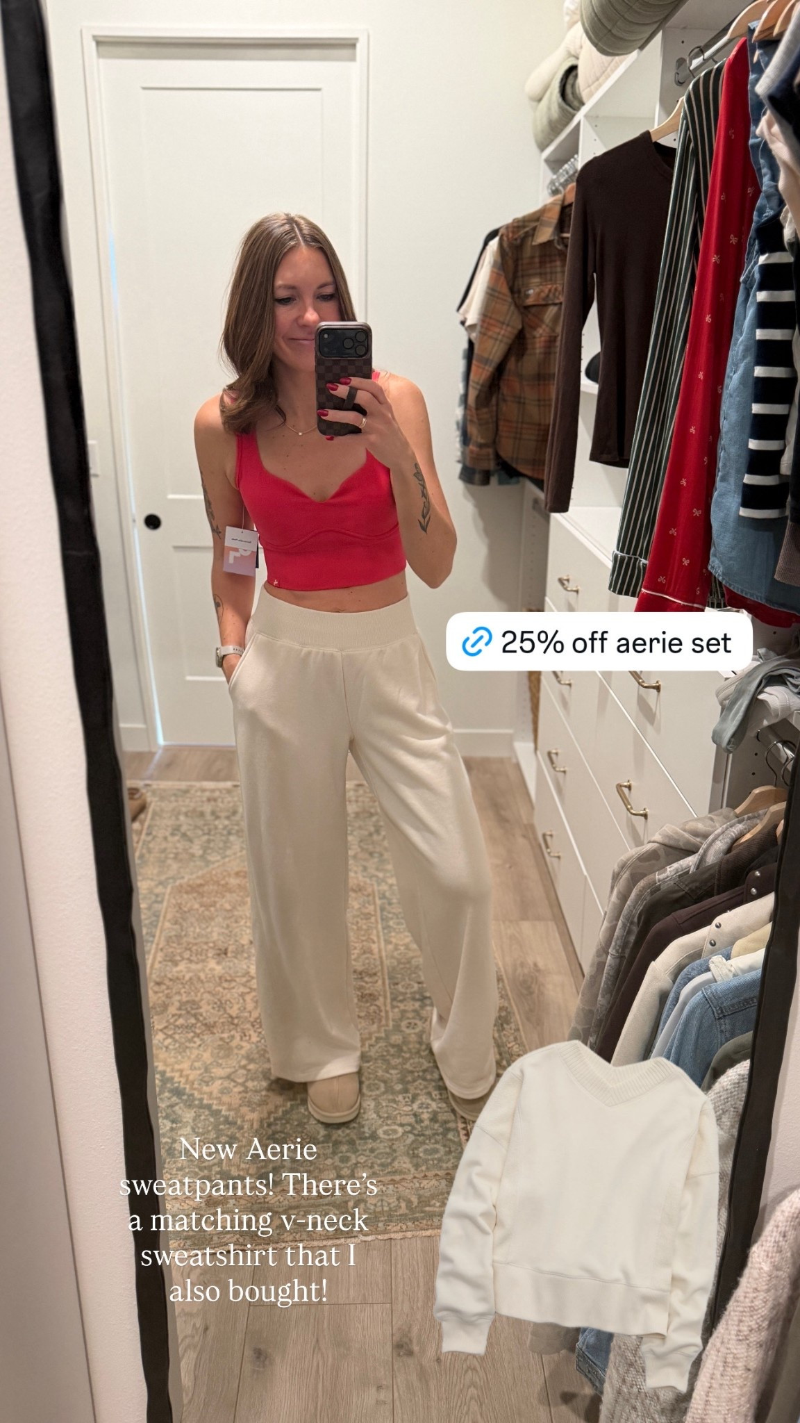 New cozy lounge set from Aerie! 25% off there is a subtle terry detail on the side of the pants and a sweatshirt, so cozy! I have a size S in the sweatshirt and S long in the pants. 

#LTKSaleAlert #LTKActive #LTKFindsUnder50
