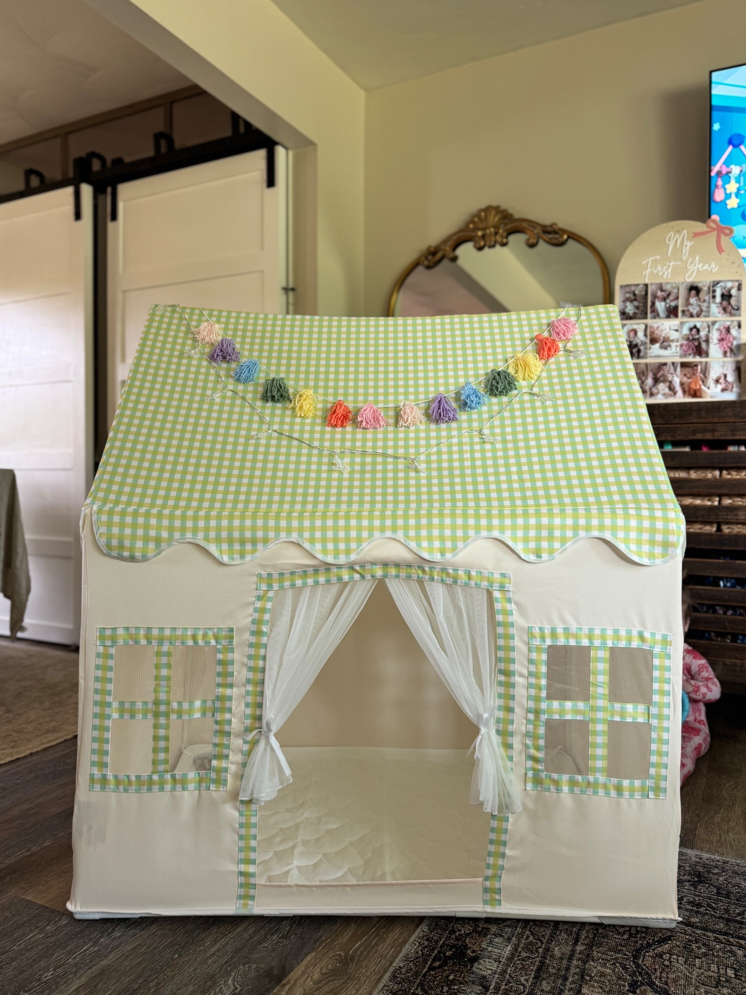Evie Lou’s first tent!! The green gingham is the cutest thing ever. It came with the rainbow tassels and the star lights! Both kids have been playing nonstop with this 🩷🩷 so cute and under $50!!!!

Gingham, green gingham, play tent, baby’s first tent, first birthday ideas, first birthday, house tent, cutest tent, girl tents 

#LTKFindsUnder50 #LTKKids #LTKGiftGuide