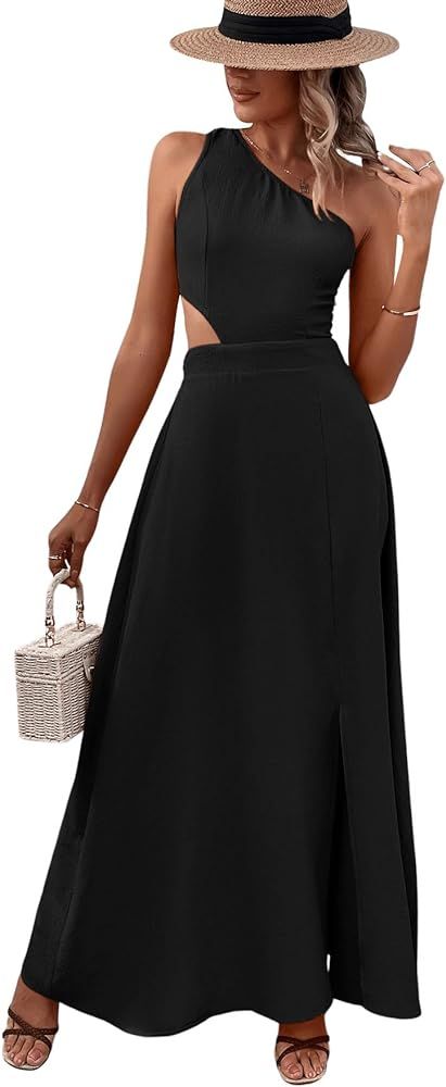 SweatyRocks Women's Sleeveless One Shoulder Tie Back Dress Cut Out A Line Split Maxi Dresses | Amazon (US)