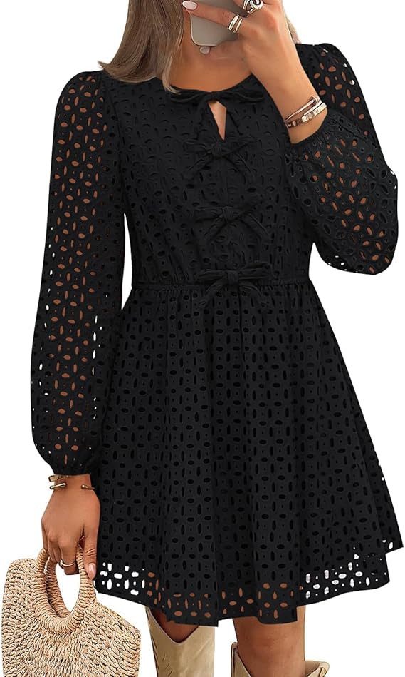 ZESICA Women's Long Sleeve Mini Dress 2025 Fall Crewneck Tie Front Hollow Out Eyelet Babydoll A L... | Amazon (US)
