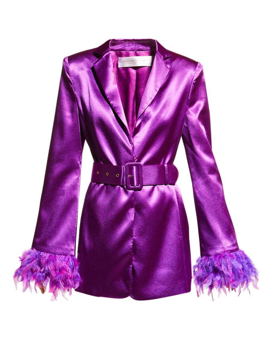 Bronx and Banco Odessa Feathered-Cuff Belted Mini Blazer Dress | Neiman Marcus