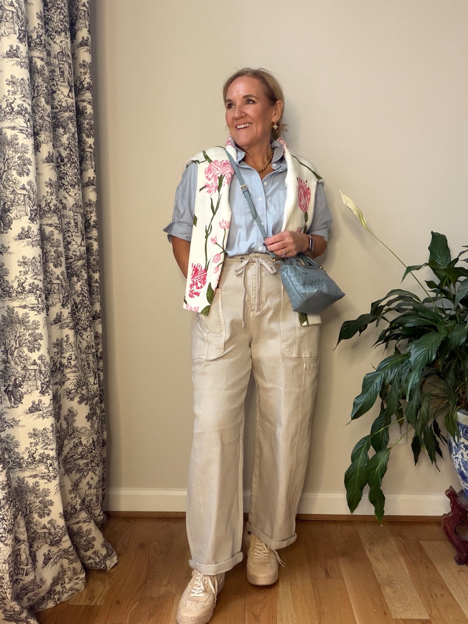 Love this combo! Springy but still good got cold temps. 
Blouse size medium 
Sweater medium 
Pants 29 you can size down there pretty roomy but I don’t mind it. It’s the look code NANETTE15 on the pants 
Sneakers are great! Command look  like espadrilles #LTKFindsUnder100

#LTKSaleAlert #LTKOver40