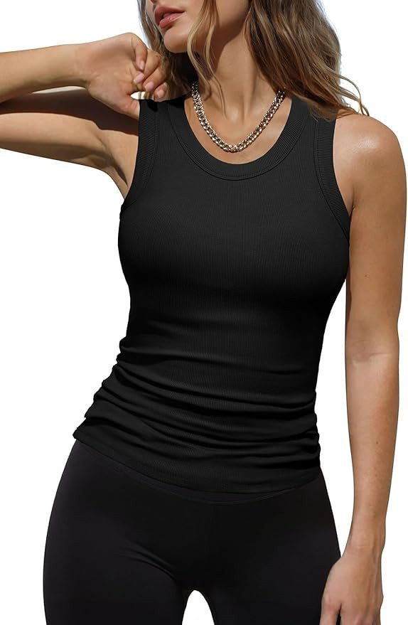 Dokotoo Womens Ladies Ribbed Thick Strap Racerback Tight Slim Fitted Sporty Workout Tank Tops | Amazon (US)
