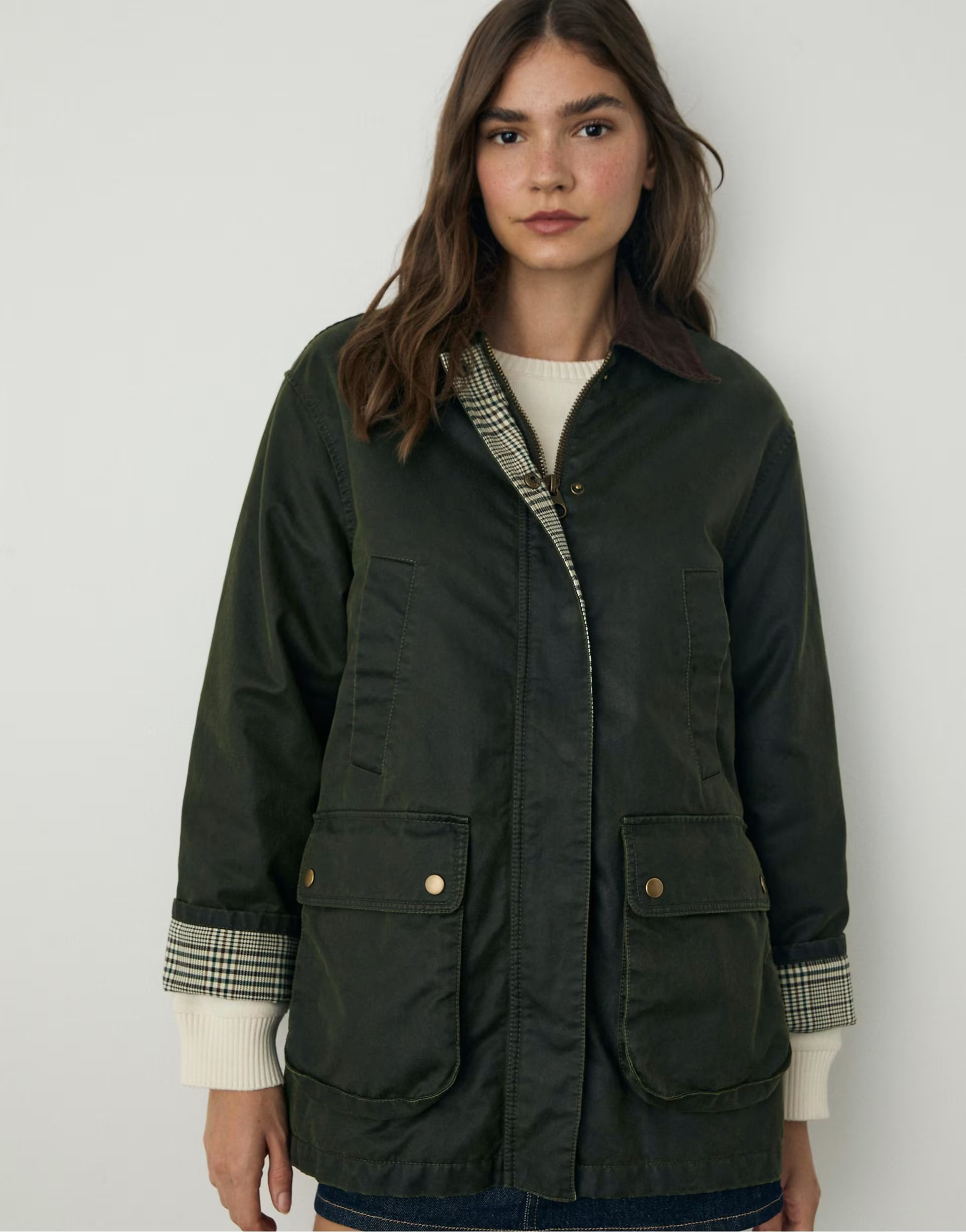 Stradivarius Waxed parka with multiple pockets in khaki | ASOS (Global)
