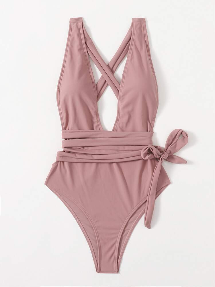 Knot Front Plunging One Piece Swimsuit | SHEIN