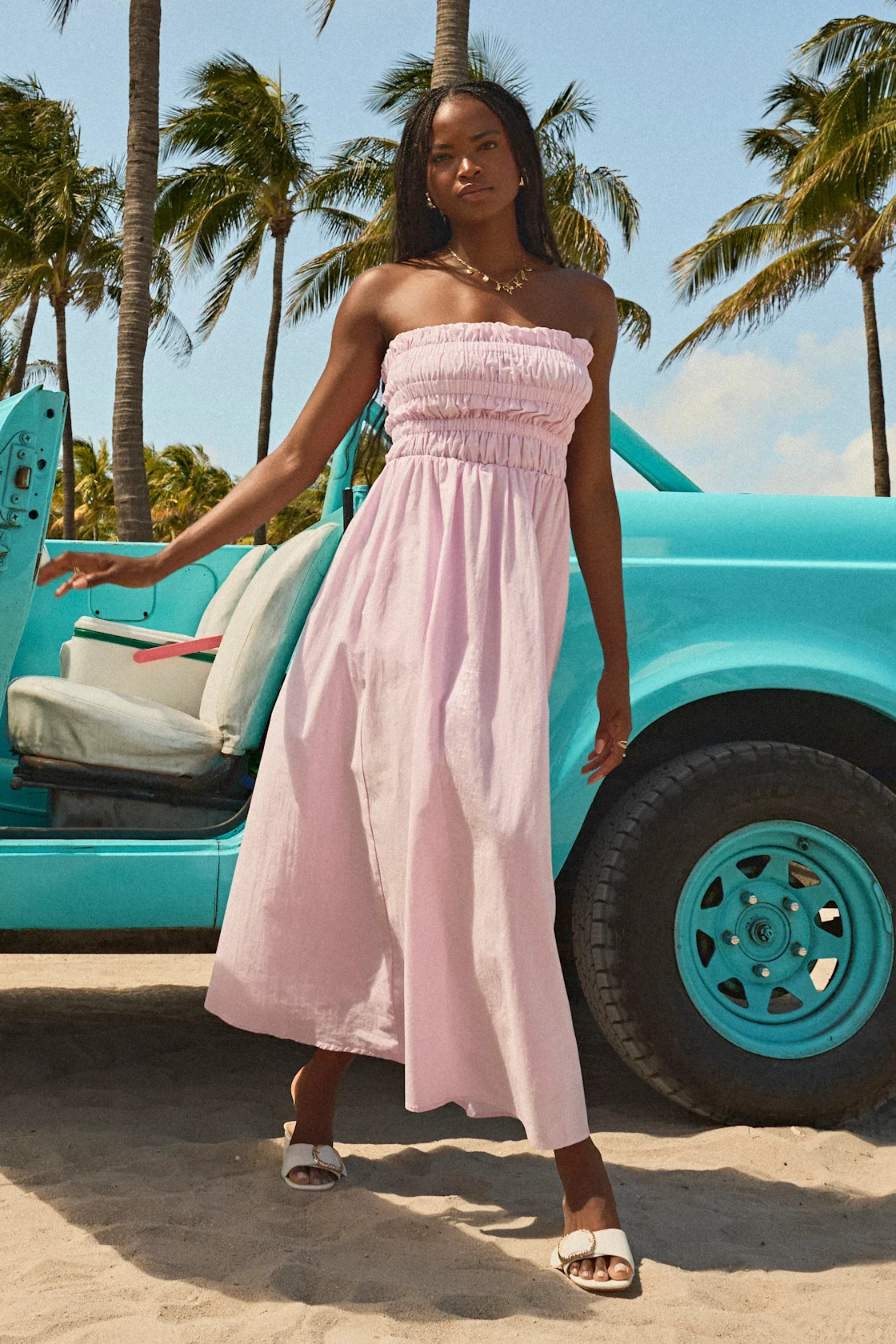 Ania Lilac Strapless Smocked Midi Dress | Lulus