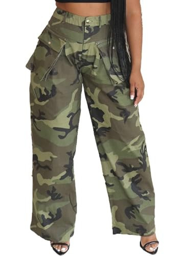 pnahip Women's Camo Cargo Pants Y2K High Waisted Wide Leg Baggy Army Fatigue Trousers with Pockets Sweatpants, Army Green, XXL | Amazon (US)