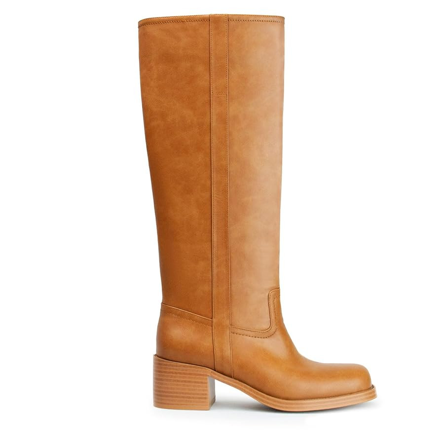 Women's Banana Knee High Boots Square Toe Chunky Block Heel Comfortable Low Heel Pull on Wide Cal... | Amazon (US)