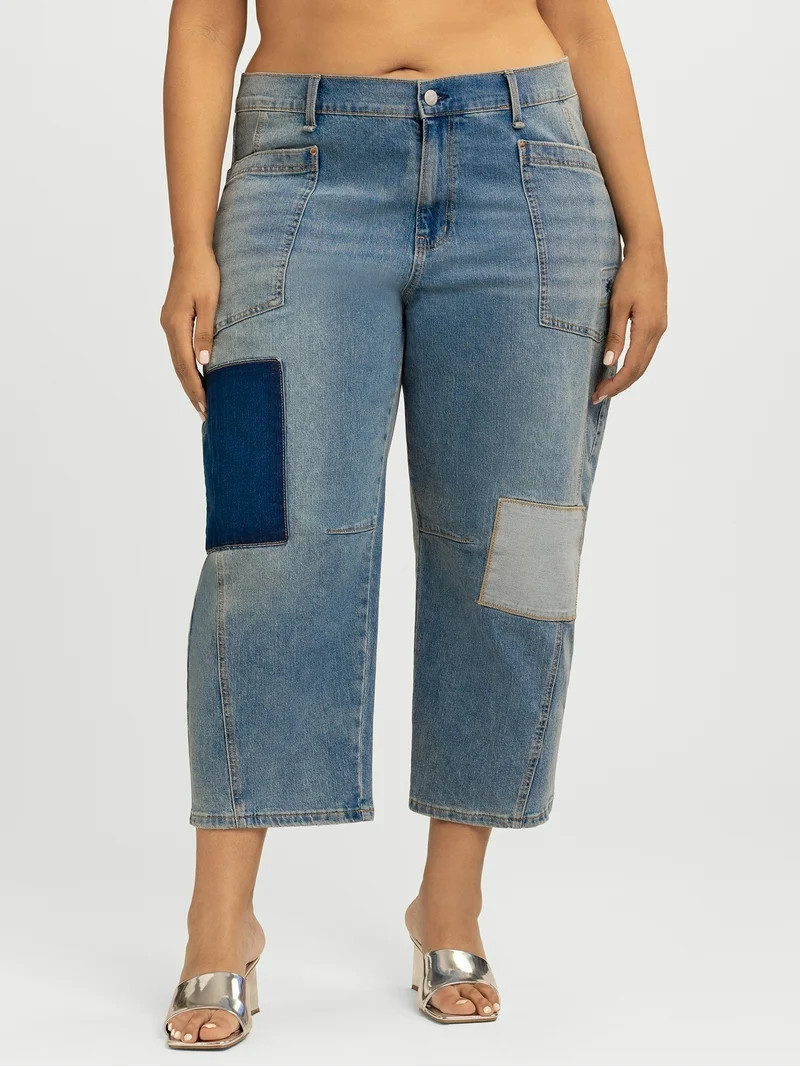 Jessica Simpson Women's and Women's Plus Cherry Cropped Patchwork Barrel Jeans, 26" Inseam, Sizes... | Walmart (US)