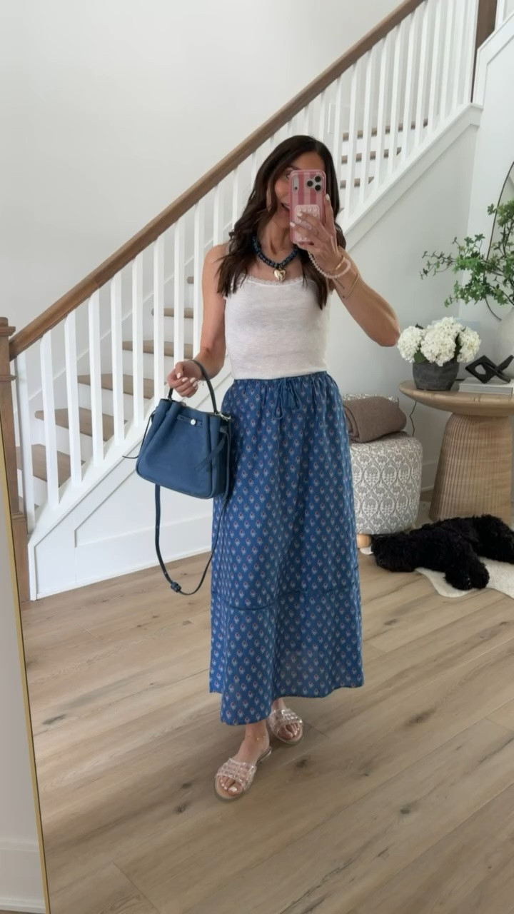 Madewell inspired skirt from Target, I'm wearing size XS, fits tts.

blue skirt outfit, 4th of July outfit, summer midi skirt, casual summer style, vacation outfit idea, coastal chic outfit, weekend brunch look, resort wear outfit, everyday summer outfit, vacation dinner look, feminine summer style

#LTKOver40 #LTKootd