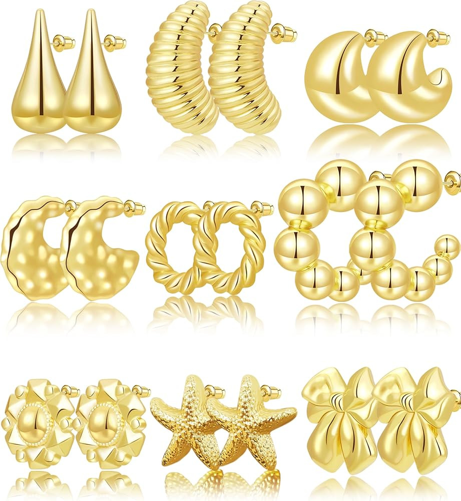 Lightweight Gold Earrings Hoops Set 9 Pairs 14K Gold Plated Hoop Earrings for Women, Hypoallergen... | Amazon (US)