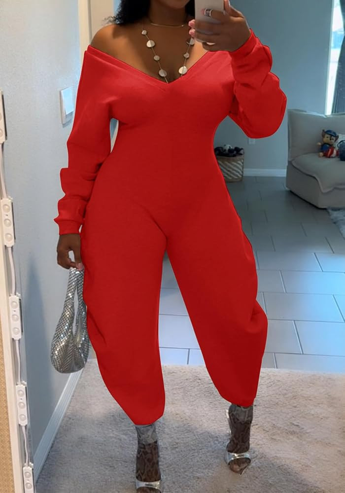 Unybwonn Women Sexy Jumpsuit off Shoulder V Neck Tops Baggy Pants One Piece Set Club Party Outfit... | Amazon (US)