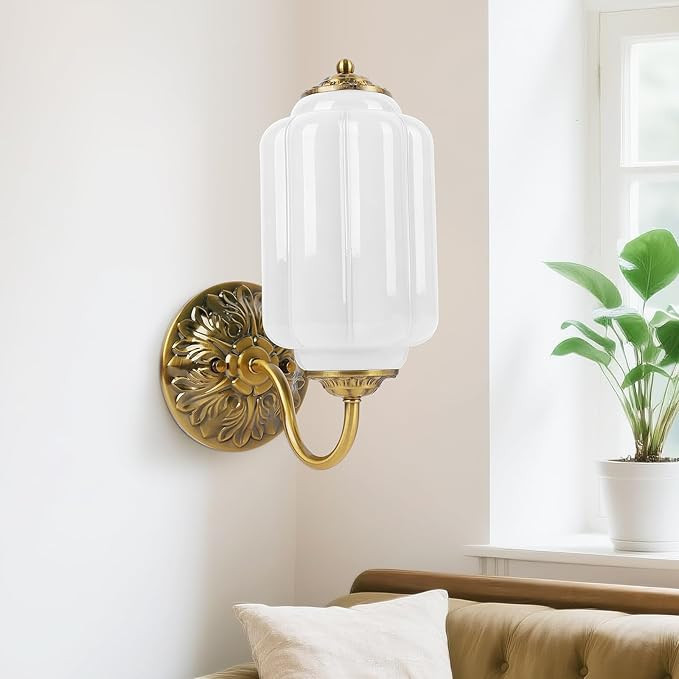 Vintage Wall Sconce, White Milk Glass Light Fixture, 5.5In Art Deco Antique Wall Sconce for Bedro... | Amazon (US)