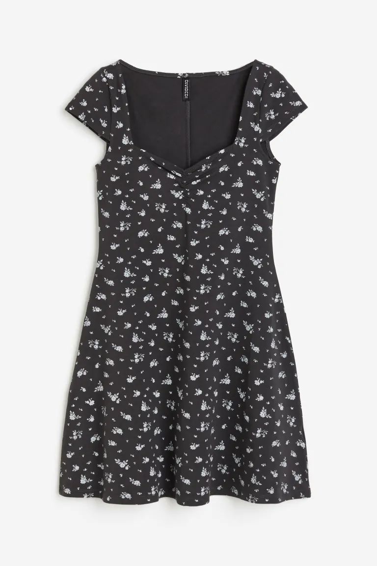 Cap-sleeved Jersey Dress - Black/floral - Ladies | H&M US | H&M (US + CA)