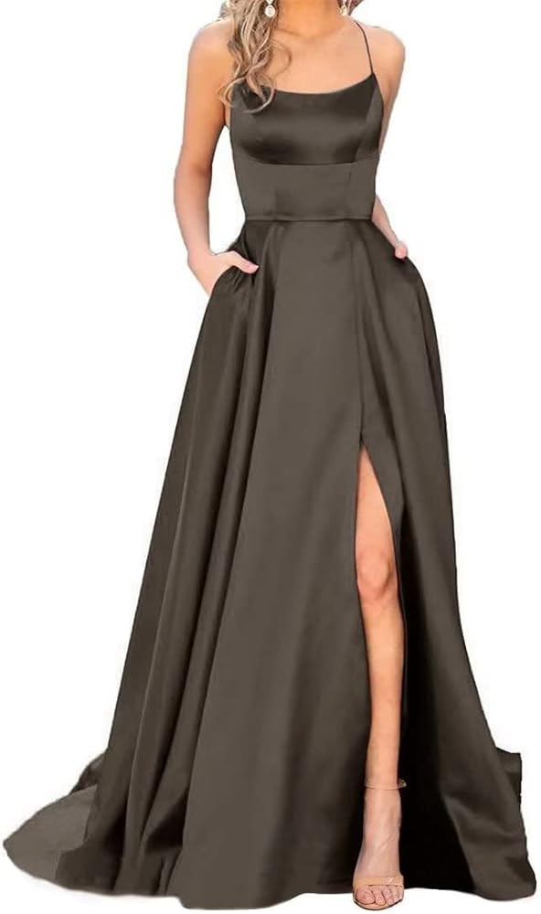 JASY Women's Spaghetti Satin Long Side Slit Prom Dresses with Pockets | Amazon (US)