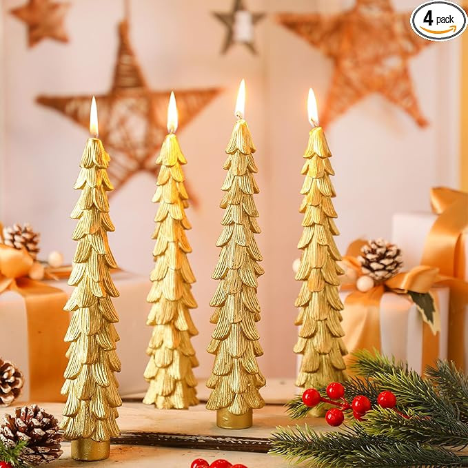 MTLEE 4 Pcs Christmas Tree Shaped Taper Candles Xmas Eve Holiday Candle Unscented Candlesticks fo... | Amazon (US)