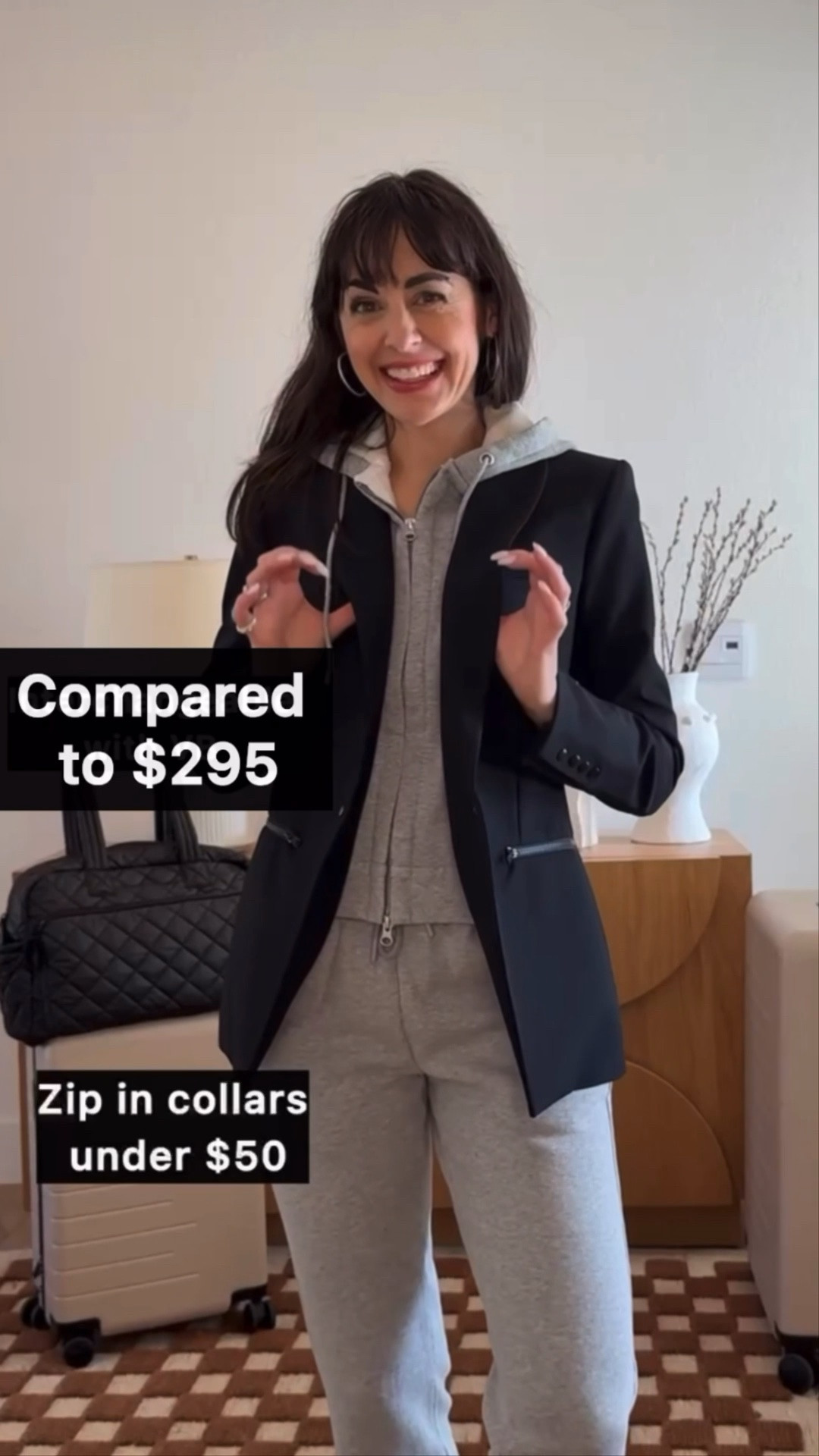 A sportier Veronica Beard inspired option for less. The Quince Scuba Convertible Blazer sold out after 889 orders and it's back in black and navy. Snap sleeves, zip pockets, and hidden zippers for the cashmere or fleece dickeys. I wear it with jeans, joggers, or a jumpsuit, and it's great for travel. My Veronica Beard double breasted is linked here too.