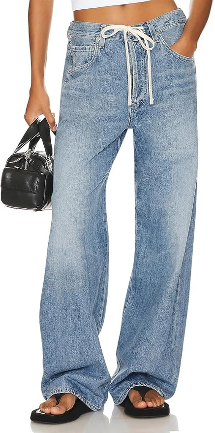 PLNOTME Womens Baggy Wide Leg Jeans Drawstring High Waisted Mom Boyfriend Casual Straight Denim P... | Amazon (US)