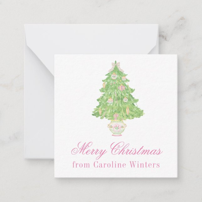 Watercolor Pink & Green Christmas Bow Tree Note Card | Zazzle | Zazzle