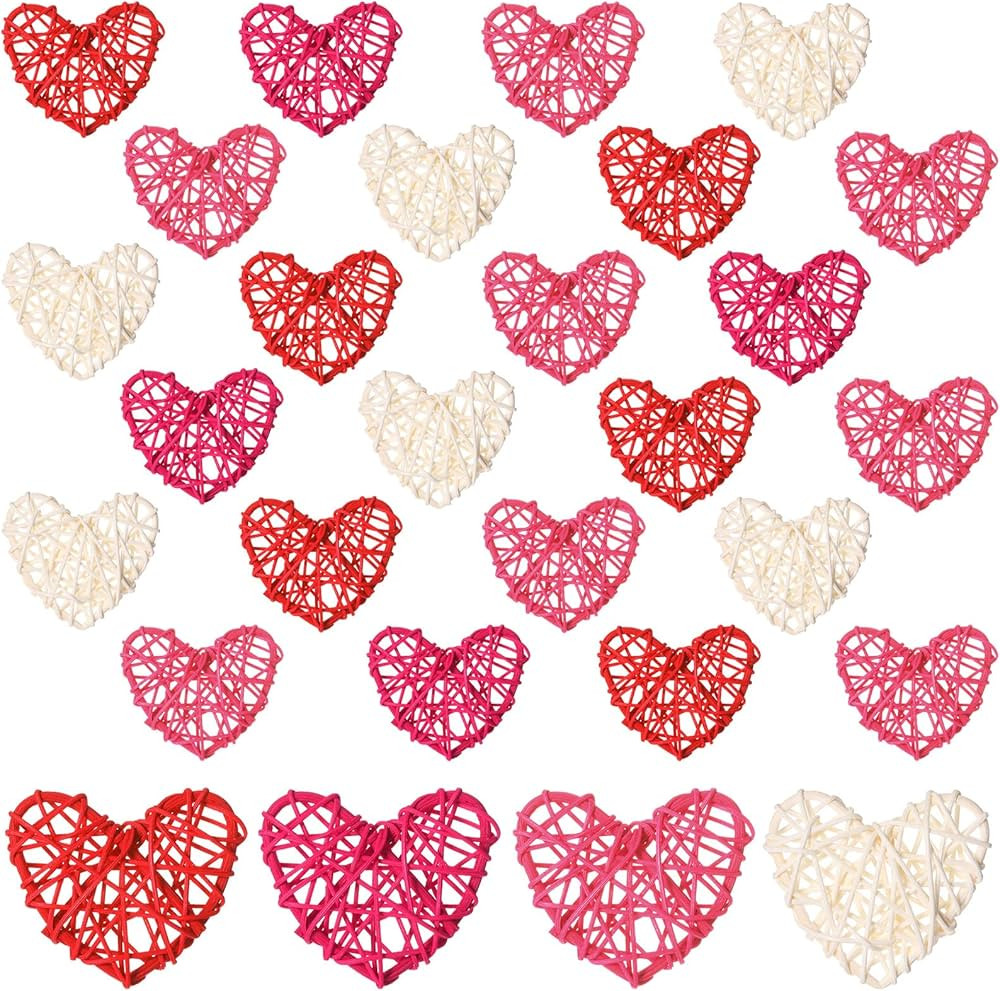 Geosar 24 Pieces Valentines Day Vase Filler Heart Vase Filler DIY Craft Rattan Heart Balls Decorativ | Amazon (US)