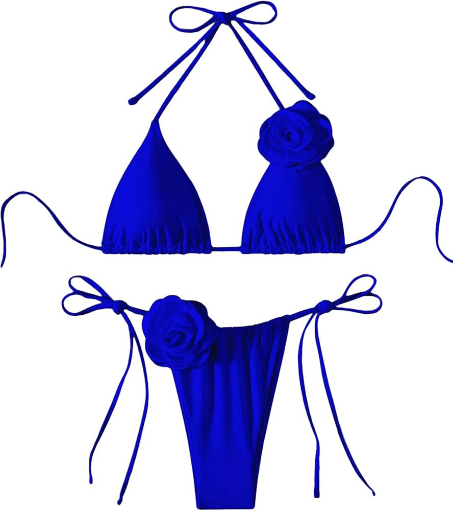 COZYEASE Women's 2 Piece Swimsuits Floral Appliques Halter Tie Side Triangle Thong Bikini Sets Ba... | Amazon (US)