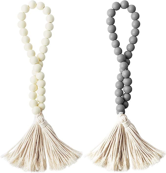 2 Pcs Classic Wood Beads Tassel, 27 Inch White & Gray Wood Bead Garland Farmhouse Rustic Beads wi... | Amazon (US)