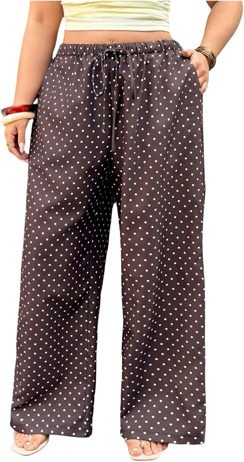 GORGLITTER Women's Plus Size Polka Dots Palazzo Pants Wide Leg Elastic High Waisted Loose Fit Summer Fall Flowy Pants | Amazon (US)