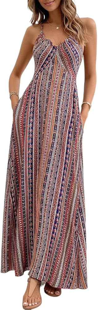 Women's Boho Floral V Neck Maxi Dress Sexy Backless Criss Cross Spaghetti Strap Summer Beach Sund... | Amazon (US)