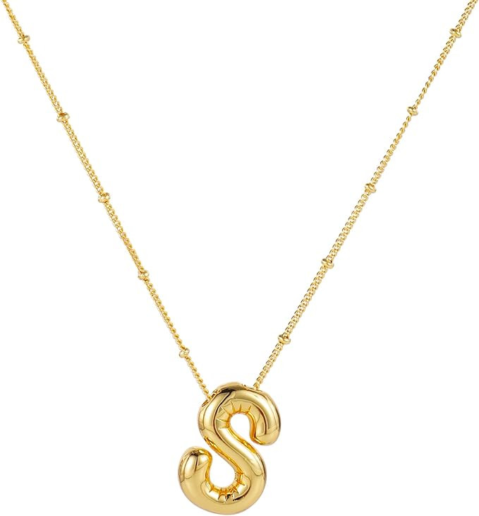 Necklace, 14k Gold Plated Balloon Initial Necklace Personalized Balloon Alphabet Pendant Necklace... | Amazon (US)