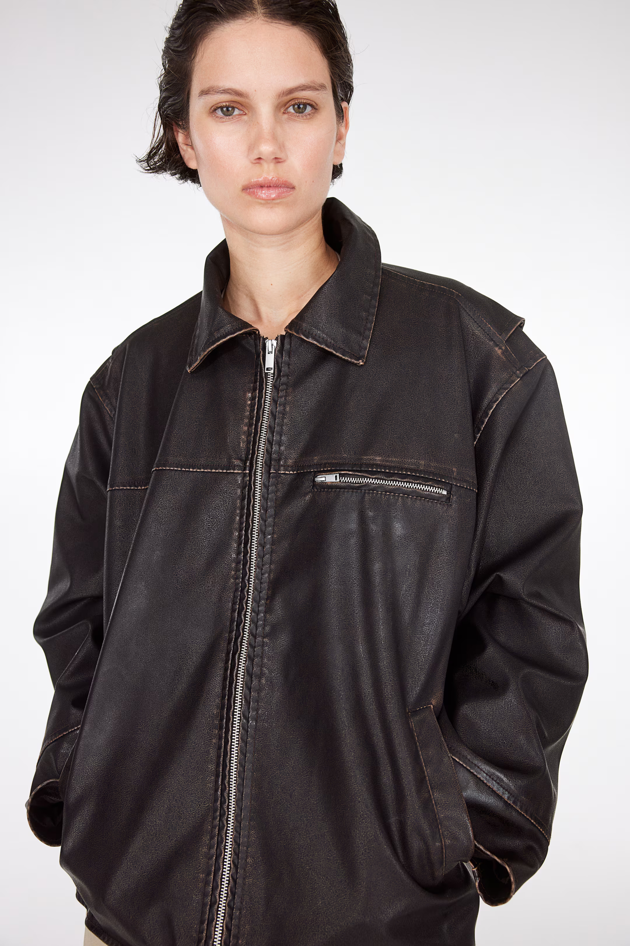 Distressed-look coated jacket - Long sleeve - Regular length - Dark brown - Ladies | H&M GB | H&M (UK, MY, IN, SG, PH, TW, HK)