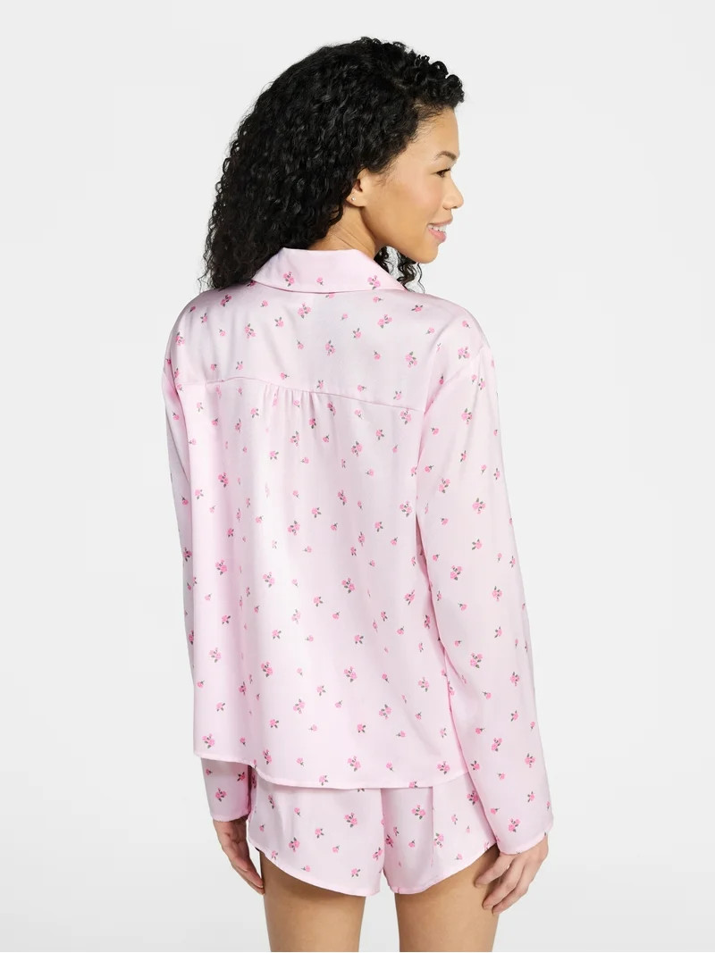 No Boundaries Sleepwear Satin Long Sleeve Button-Up Top and Shorts Set, 2-Piece, Women’s XS-XXL | Walmart (US)