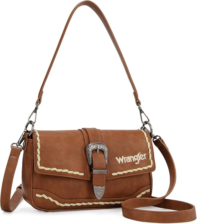Wrangler Western Shoulder Bag for Women, Flap Crossbody Purse with Whipstitch Detail & Fringe,Vin... | Amazon (US)