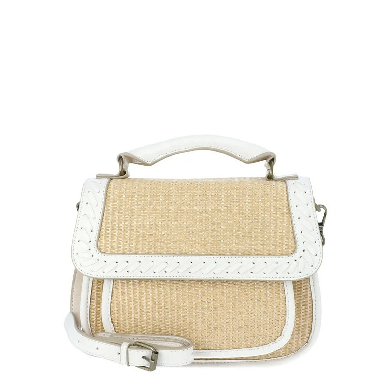 The Pioneer Woman Women’s Raffia and Faux Leather Flap Crossbody Handbag, Ivory | Walmart (US)
