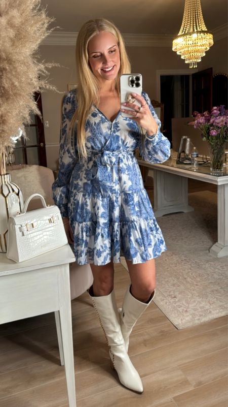 A blue and white floral dress for spring! Plus my favorite white boots ever! My bag is the Ava 9" Croco Gold by Teddy Blake. 

#LTKstyletip #LTKshoecrush #LTKSpringSale