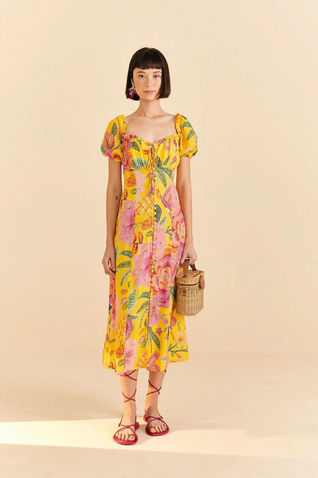 Yellow Macaw Bloom Puff-Sleeve Midi Dress | FarmRio