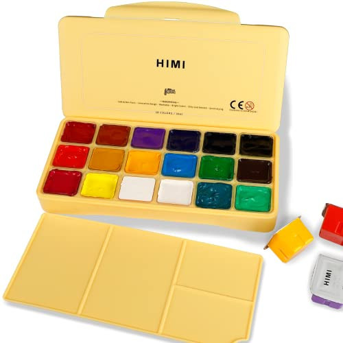 HIMI Gouache Paint Set, 18 Colors x 30ml with a Palette & a Carrying Case, Unique Jelly Cup Design, Miya Guache Paint on Canvas Watercolor Paper - Perfect for Beginners, Students, Artists(Yellow Case) | Amazon (US)