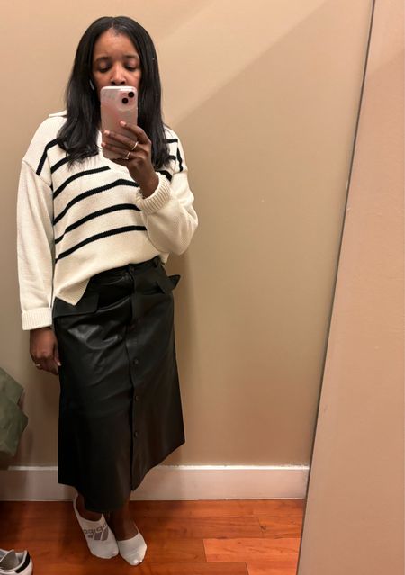 Vegan leather skirt oversized chunky sweater striped office outfit spring 

#LTKworkwear #LTKSeasonal #LTKstyletip