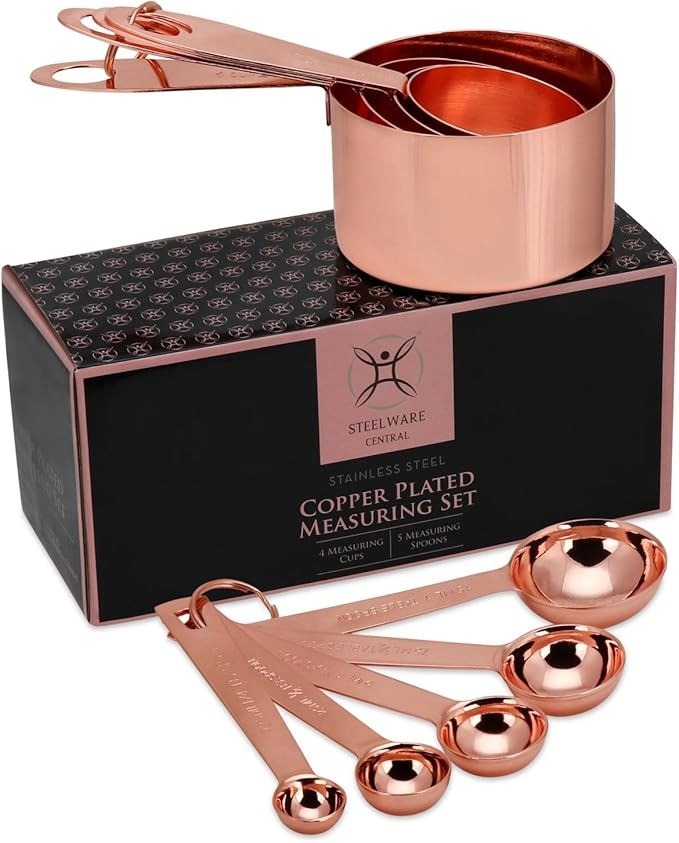 Copper Measuring Cups and Spoons Stainless Steel 9 pieces with 2 Rings | Amazon (US)