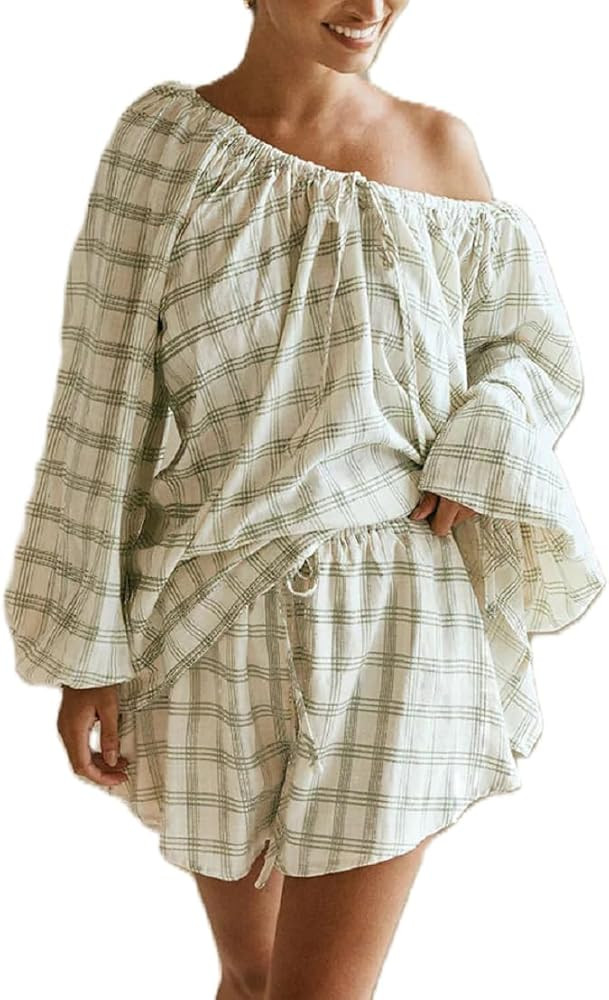 ROAONOCOMO Women Ruffle Pajama Set Long Puff Sleeve Babydoll Shirt Lace Trim Coquette Shorts Set ... | Amazon (US)