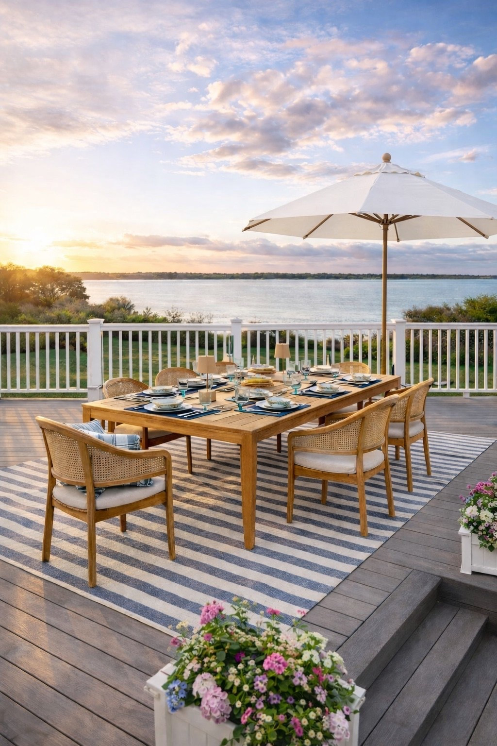 McGee & Co Inspired Outdoor Dining Event Setup

Follow @farmtotablecreations on Instagram for more home inspiration 🤍

This outdoor dining setup is giving effortless coastal elegance ✨ From the cane dining chairs to the soft blue and white table setting, every detail feels elevated yet inviting. The striped rug grounds the space beautifully while the warm wood tones and layered textures create that signature McGee & Co look we all love. Perfect for hosting summer dinners with a view 🌊

#outdoordining #patiofurniture #diningtable #outdoorrug #outdoorchairs

#LTKSaleAlert #LTKHome #LTKSeasonal