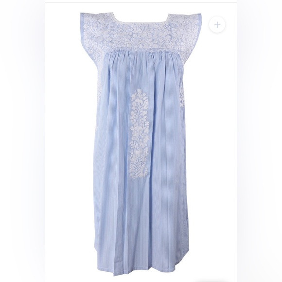 Mi Golondrina blue stripe cotton sleeveless Flores dress w/white embroidery Sz L | Poshmark