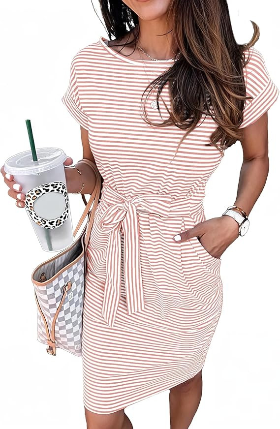 PRETTYGARDEN Women's Summer Short Sleeve Crewneck Striped Dress Basic Solid Tie Waist Office T Sh... | Amazon (US)