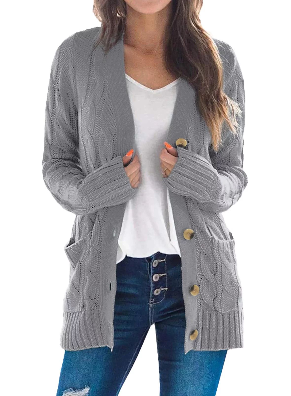Dokotoo Womens Gray Chunky Cable Knit Casual Cardigan Solid Color Button Down Open Front Loose Sw... | Walmart (US)