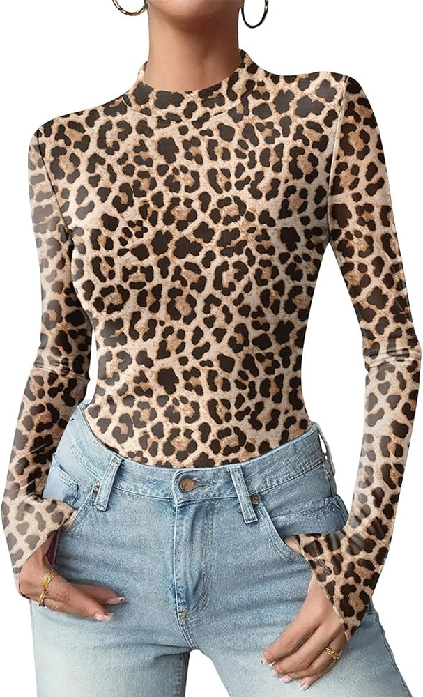 Zeagoo Womens Floral Mesh Long Sleeve Tops See Through Going Out Blouses Mock Neck Sheer Party Ou... | Amazon (US)