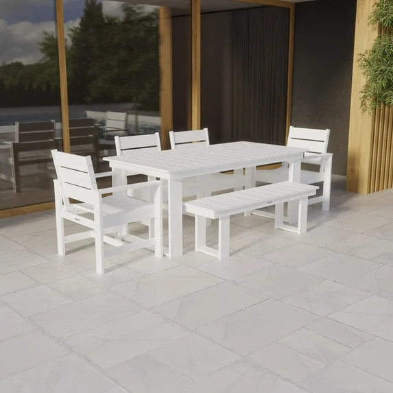Better Homes & Gardens Ezra 6-Piece Outdoor HDPE Dining Set with Bench, White | Walmart (US)